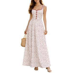 Caroline Constas Cherry Linen Maxi Dress Peasant Cottagecore Picnic Size Medium